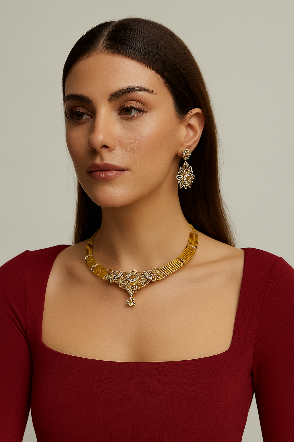 Golden Floral Diamond Look Choker Necklace Set